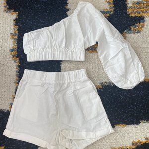 White Two-Piece Short Set with One-Sleeved Halter Top - Size Medium